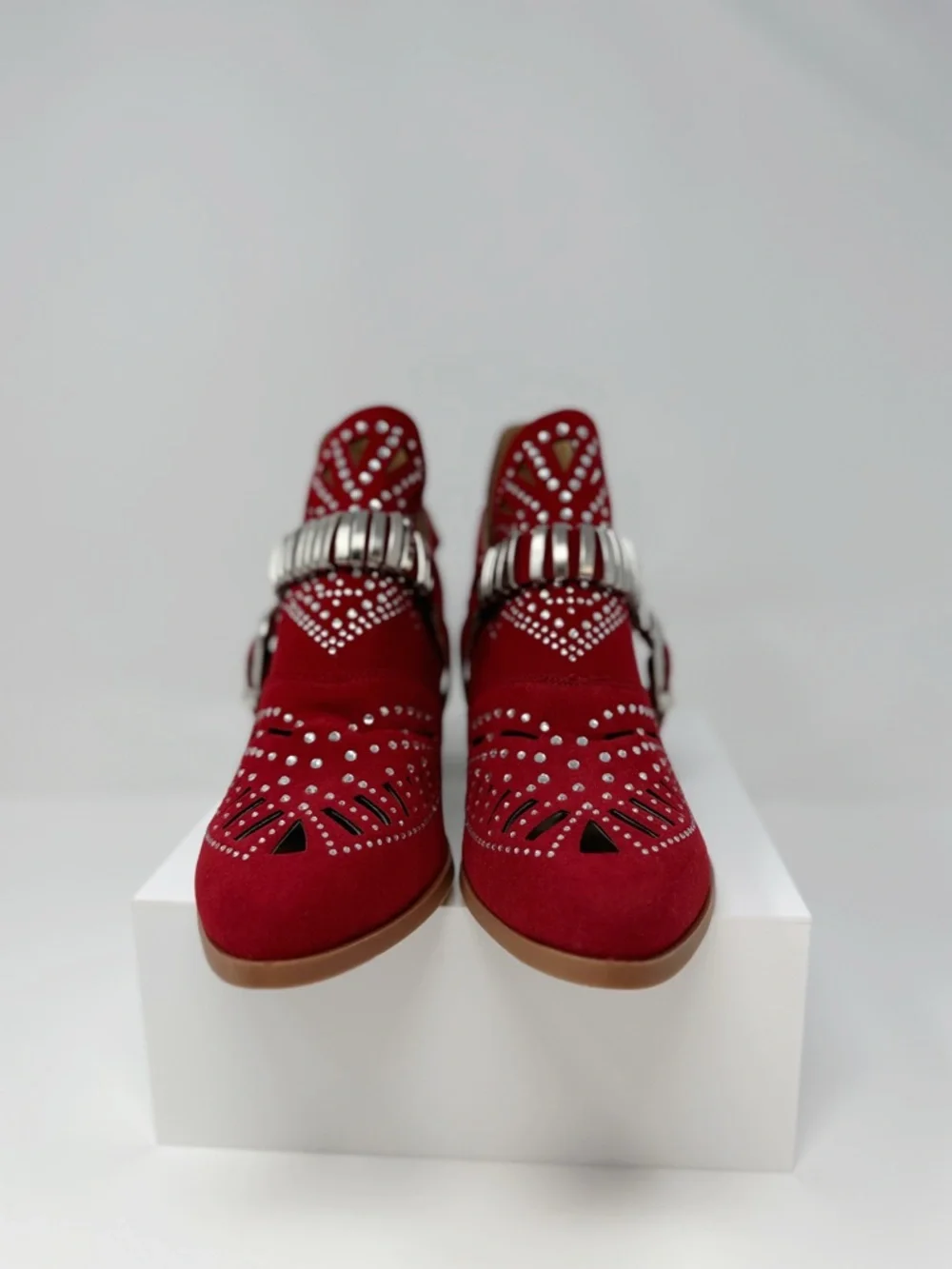 Red Rhinestone Western Ankle Boots Studded Cutout Buckle Booties Size 8 EU 39 - Picture 10 of 16